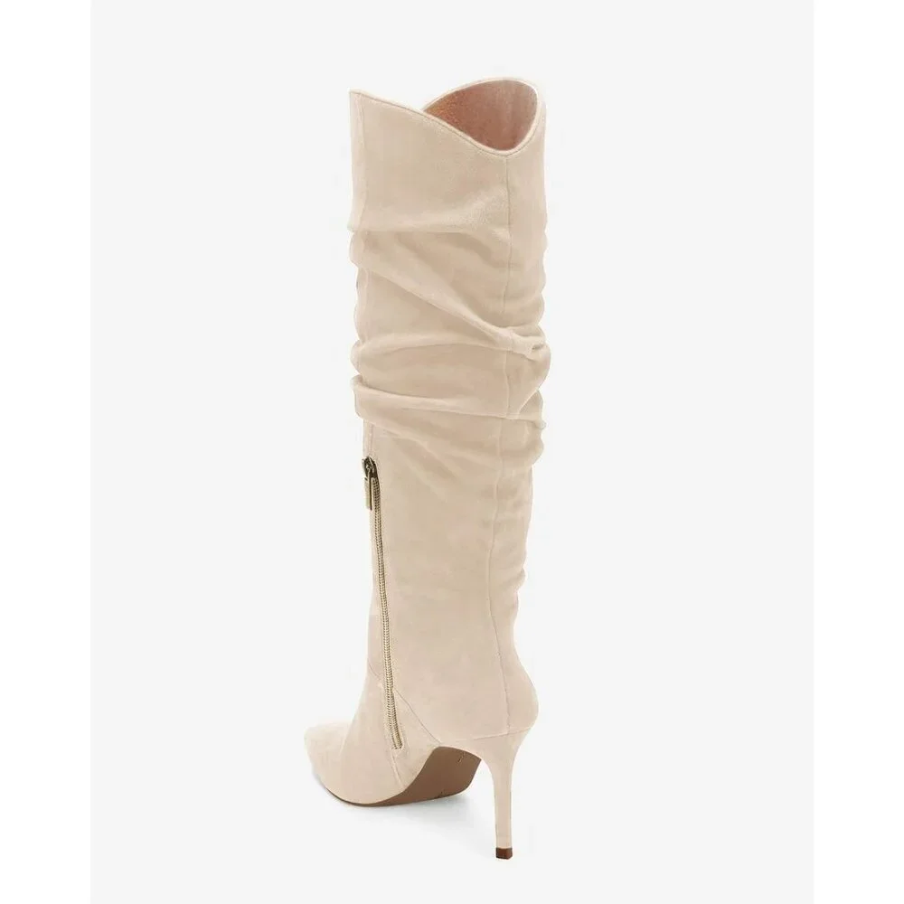 Womens Faux Suede Beige Knee High Almond Toe Side Zipper Stiletto Heel Booties